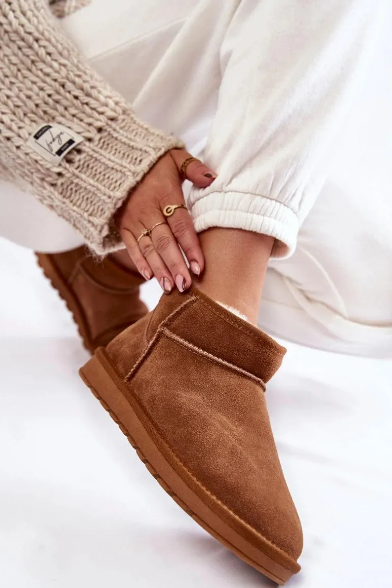 Damskie Zamszowe Niskie Śniegowce Camel Shelie