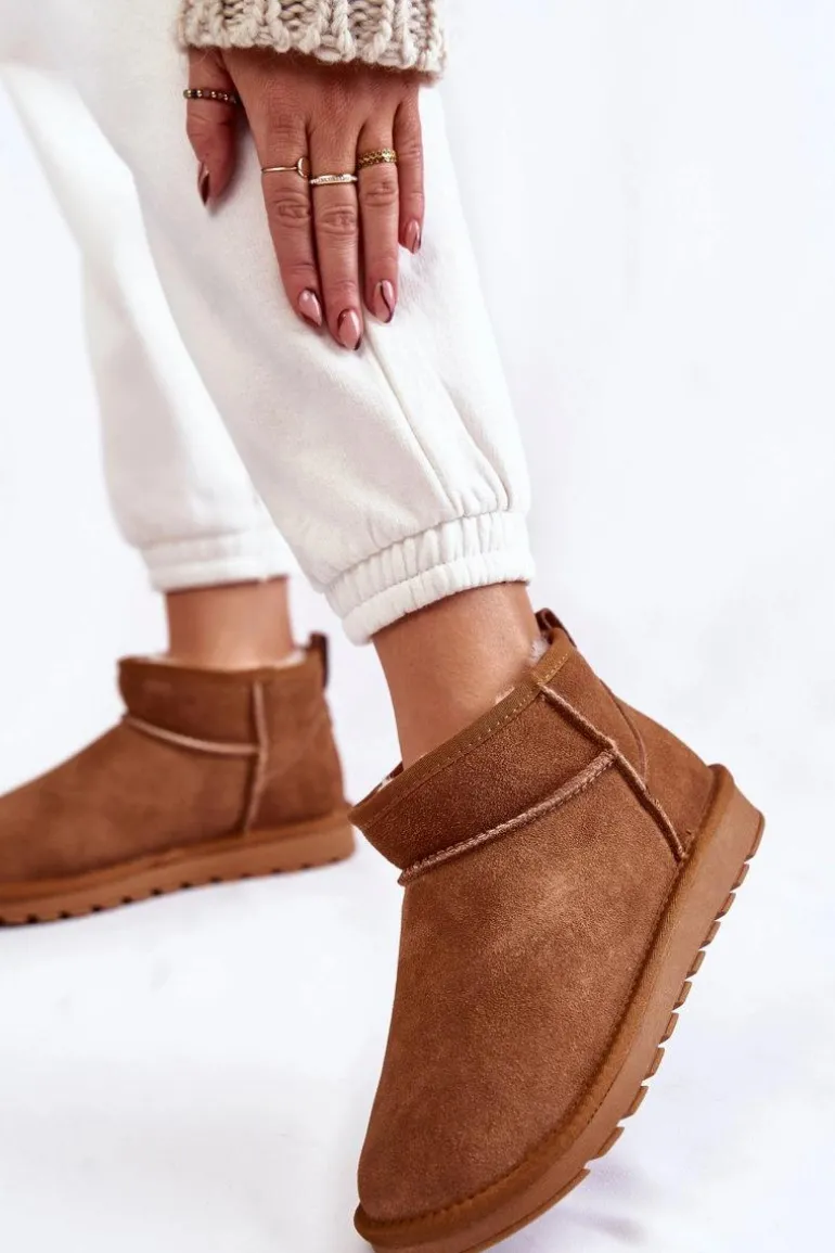 Damskie Zamszowe Niskie Śniegowce Camel Shelie