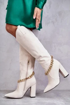 Damskie Zamszowe Ocieplane Kozaki Z Łańcuchem Jasnobeżowe Jasmin