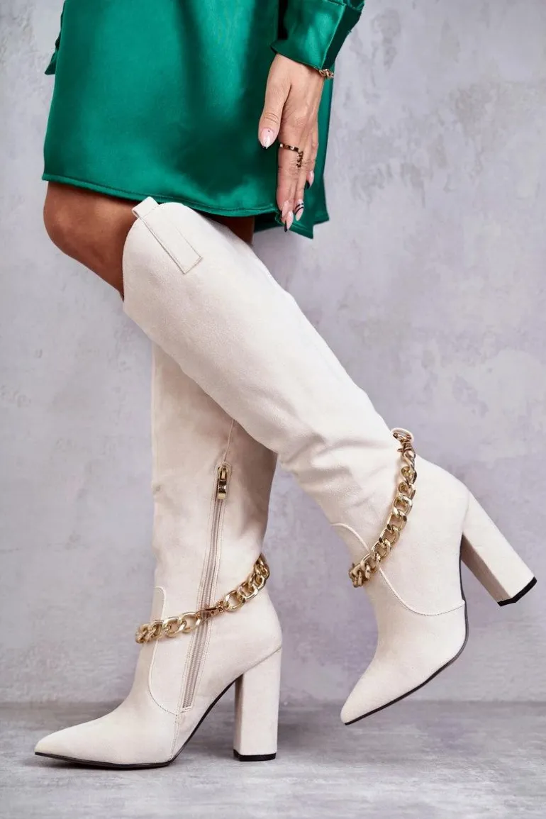 Damskie Zamszowe Ocieplane Kozaki Z Łańcuchem Jasnobeżowe Jasmin