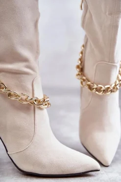 Damskie Zamszowe Ocieplane Kozaki Z Łańcuchem Jasnobeżowe Jasmin