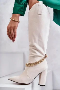 Damskie Zamszowe Ocieplane Kozaki Z Łańcuchem Jasnobeżowe Jasmin