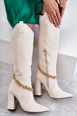 Damskie Zamszowe Ocieplane Kozaki Z Łańcuchem Jasnobeżowe Jasmin