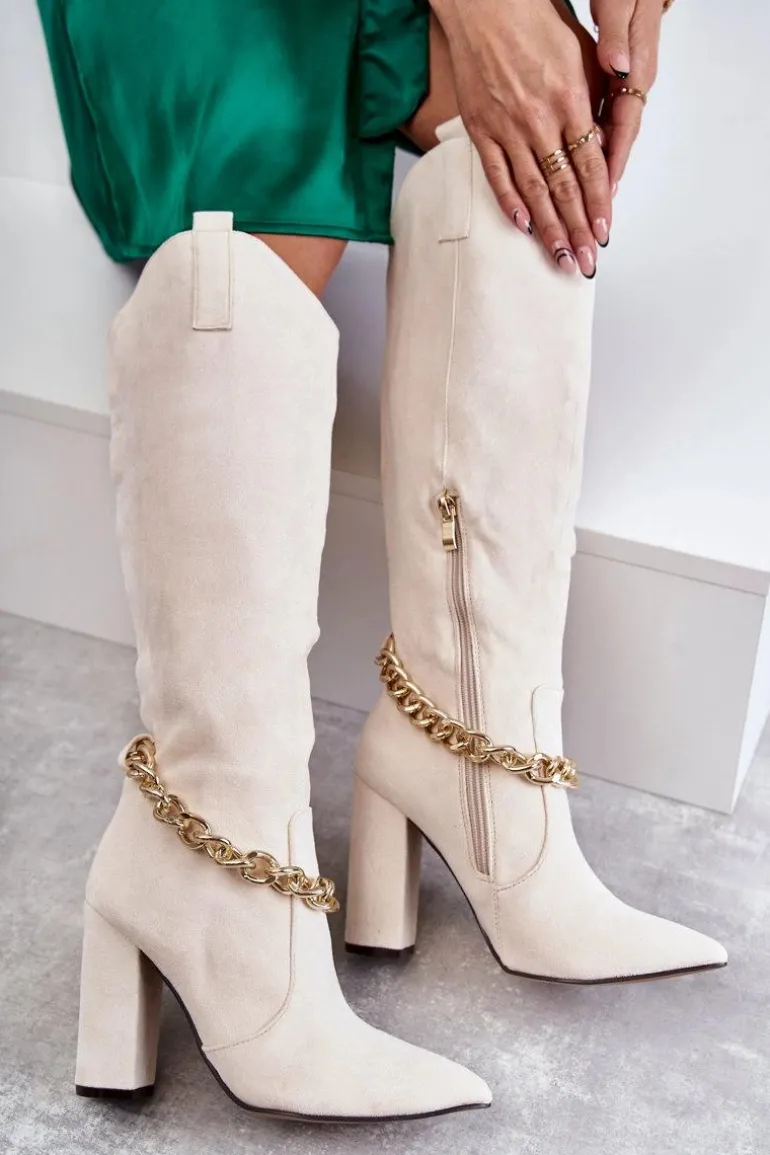 Damskie Zamszowe Ocieplane Kozaki Z Łańcuchem Jasnobeżowe Jasmin