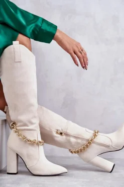 Damskie Zamszowe Ocieplane Kozaki Z Łańcuchem Jasnobeżowe Jasmin