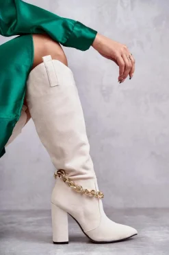 Damskie Zamszowe Ocieplane Kozaki Z Łańcuchem Jasnobeżowe Jasmin