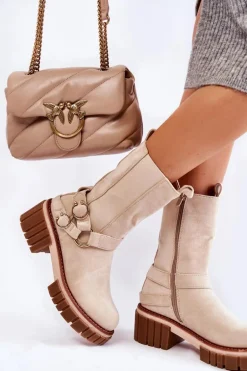 Damskie Zamszowe Ocieplane Botki Workery Beżowe Brinnon