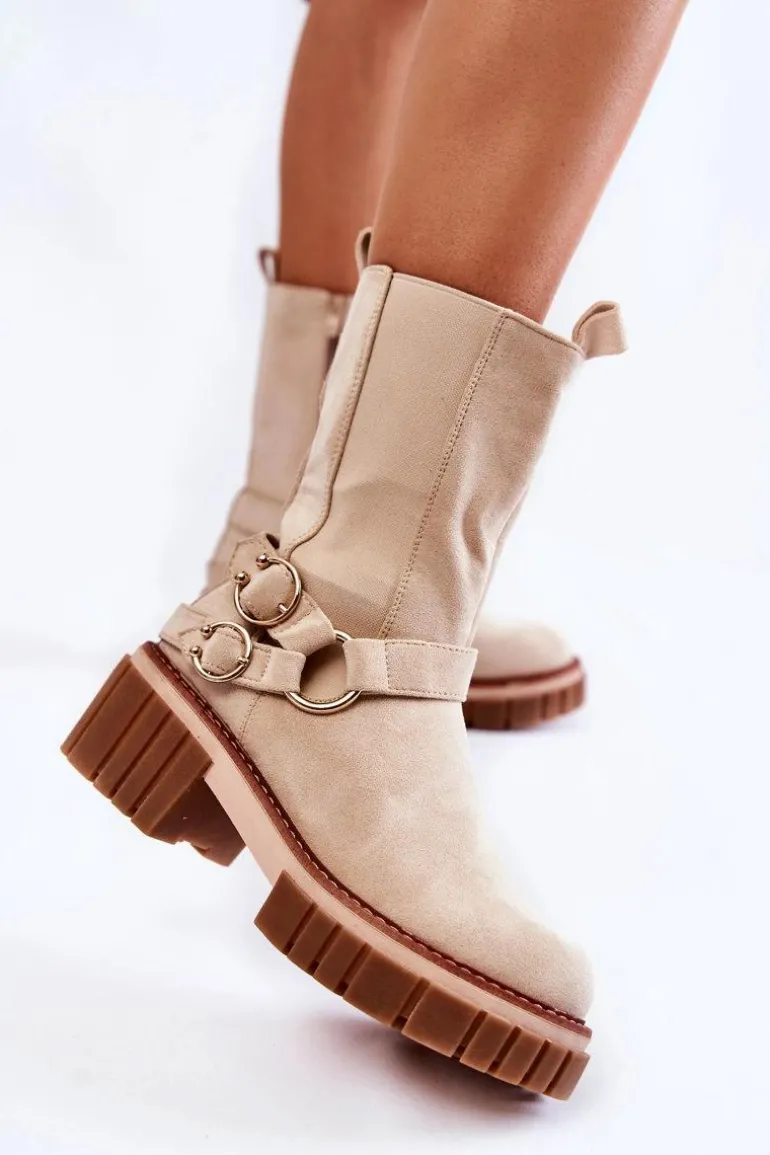 Damskie Zamszowe Ocieplane Botki Workery Beżowe Brinnon