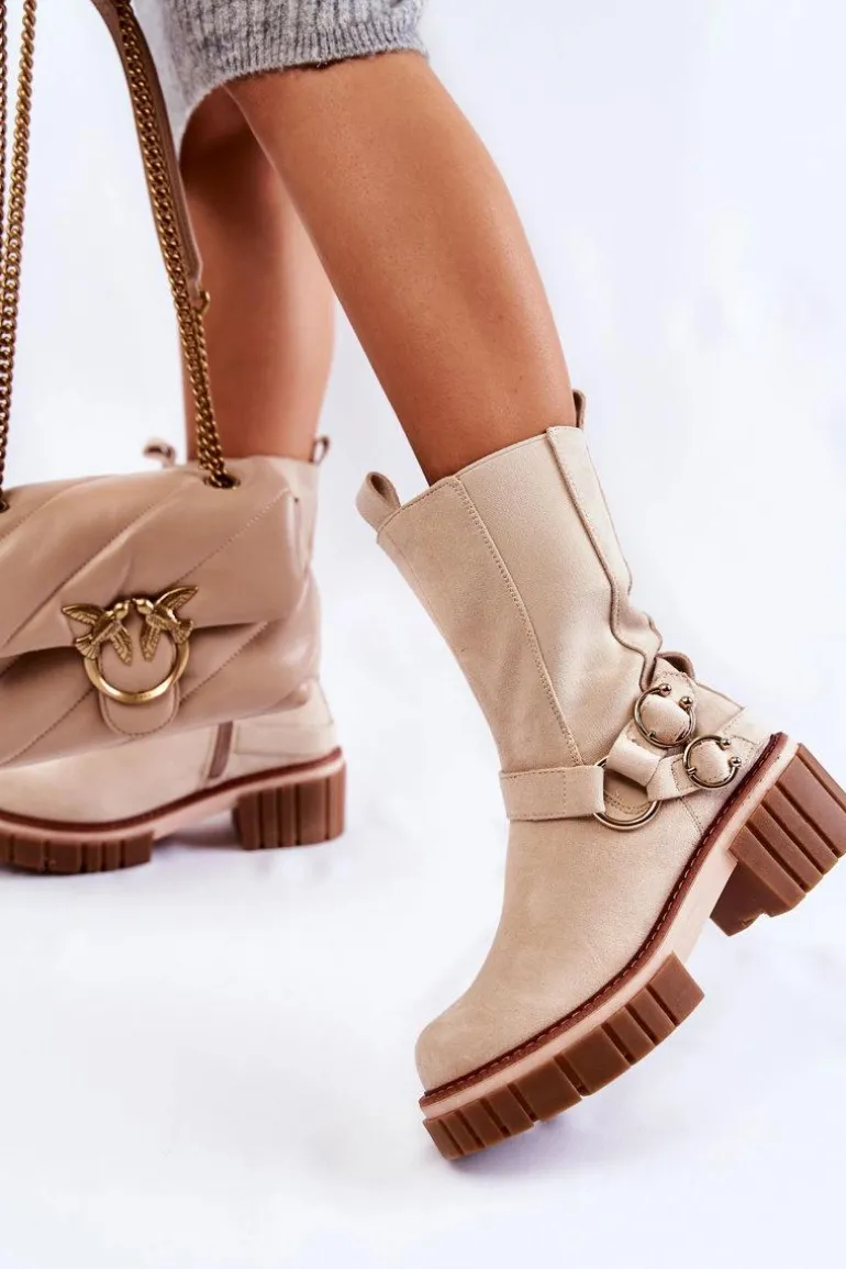 Damskie Zamszowe Ocieplane Botki Workery Beżowe Brinnon