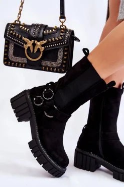 Damskie Zamszowe Ocieplane Botki Workery Czarne Brinnon