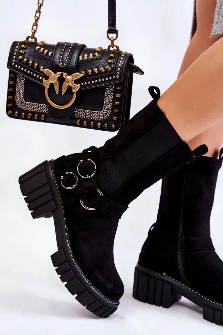 Damskie Zamszowe Ocieplane Botki Workery Czarne Brinnon