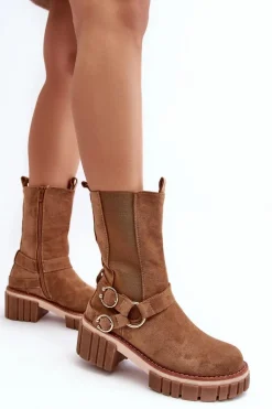 Damskie Zamszowe Ocieplane Botki Workery Camel Brinnon