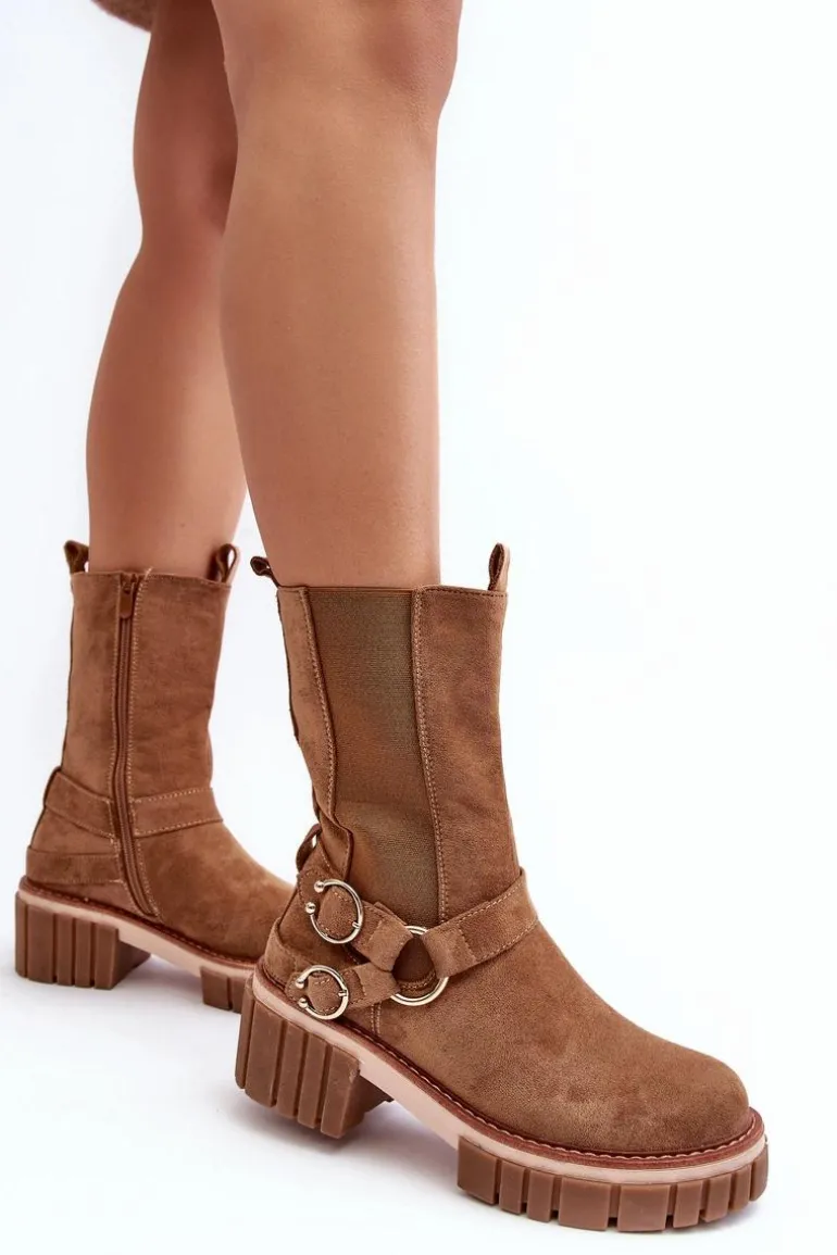 Damskie Zamszowe Ocieplane Botki Workery Camel Brinnon