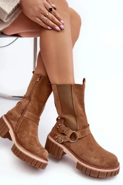 Damskie Zamszowe Ocieplane Botki Workery Camel Brinnon