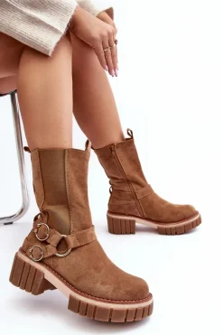 Damskie Zamszowe Ocieplane Botki Workery Camel Brinnon