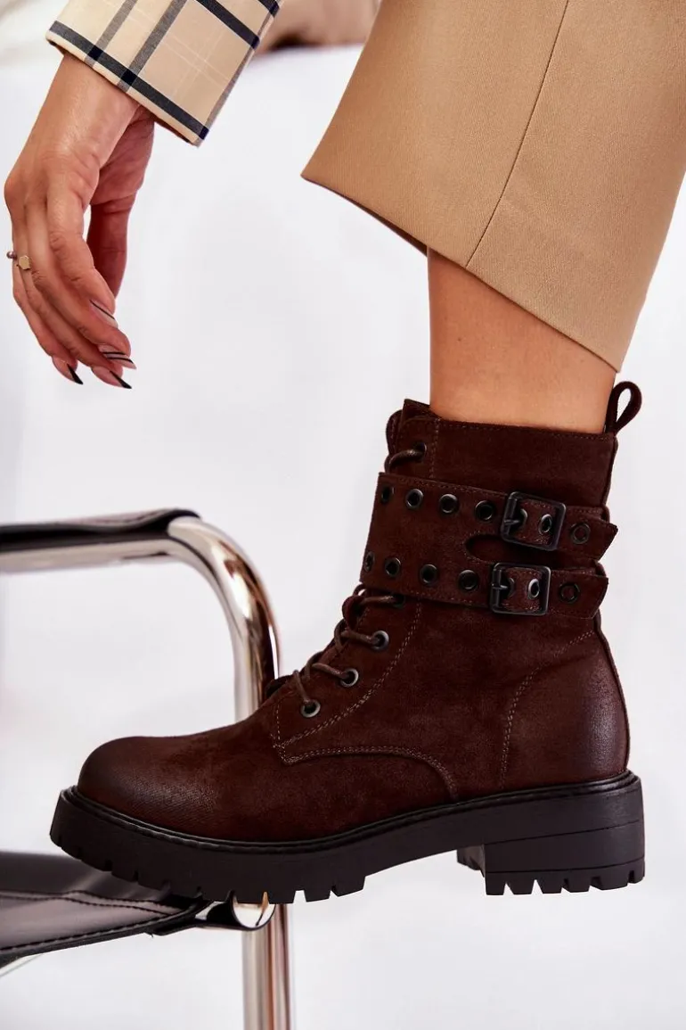 Damskie Zamszowe Ocieplane Botki Brązowe Silvor