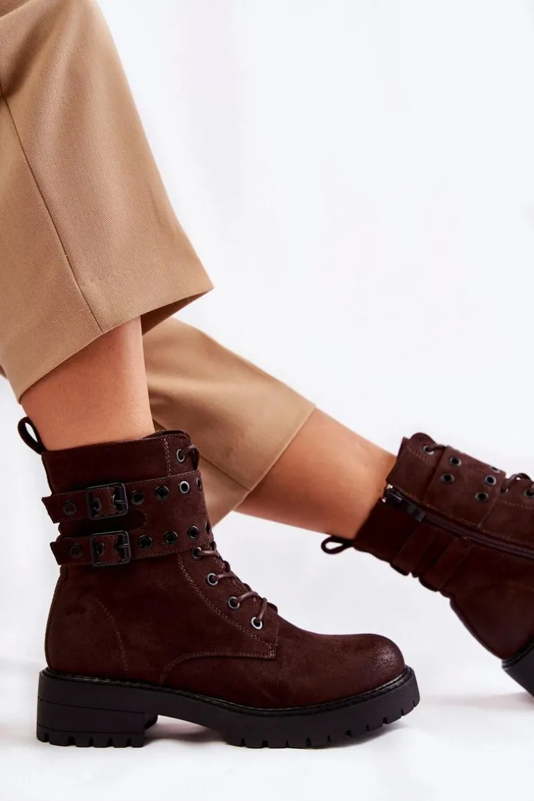 Damskie Zamszowe Ocieplane Botki Brązowe Silvor