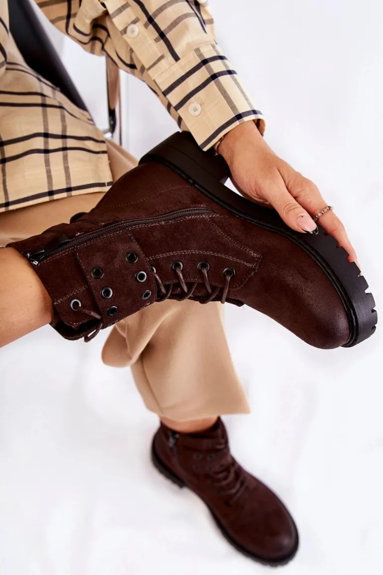 Damskie Zamszowe Ocieplane Botki Brązowe Silvor