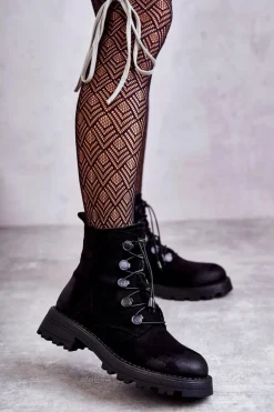 Damskie Zamszowe Ocieplane Botki Ze Ściągaczem Czarne Helia