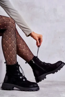 Damskie Zamszowe Ocieplane Botki Ze Ściągaczem Czarne Helia