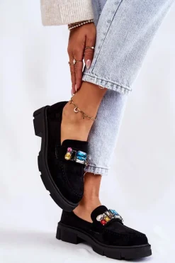 Damskie Zamszowe Półbuty Loafery Z Ozdobą Czarne Karlott