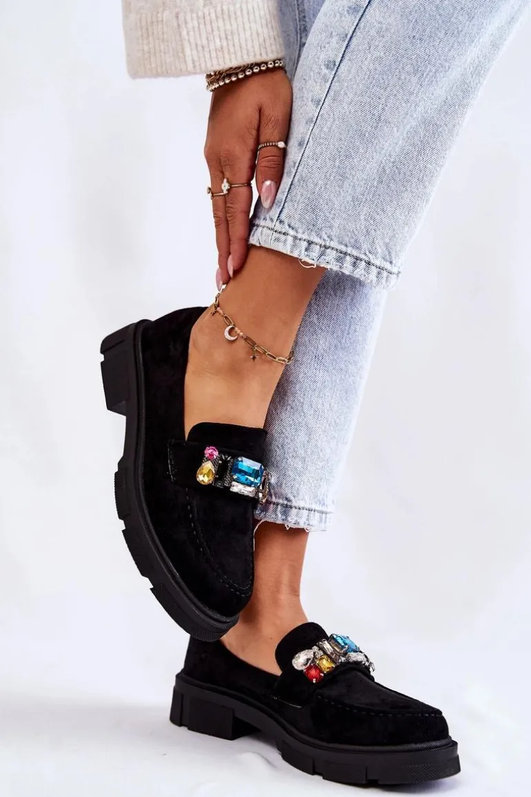 Damskie Zamszowe Półbuty Loafery Z Ozdobą Czarne Karlott