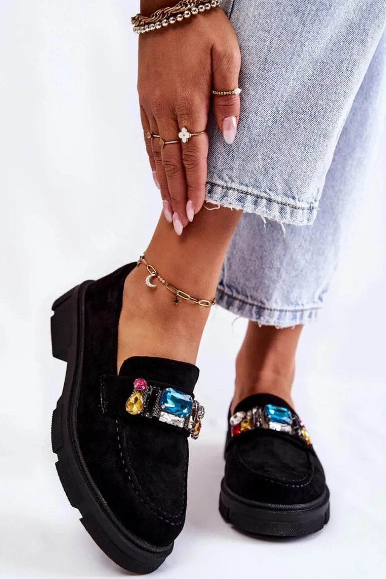 Damskie Zamszowe Półbuty Loafery Z Ozdobą Czarne Karlott