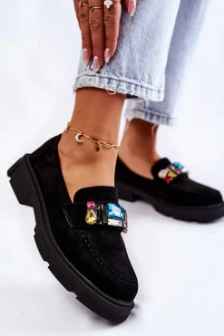 Damskie Zamszowe Półbuty Loafery Z Ozdobą Czarne Karlott