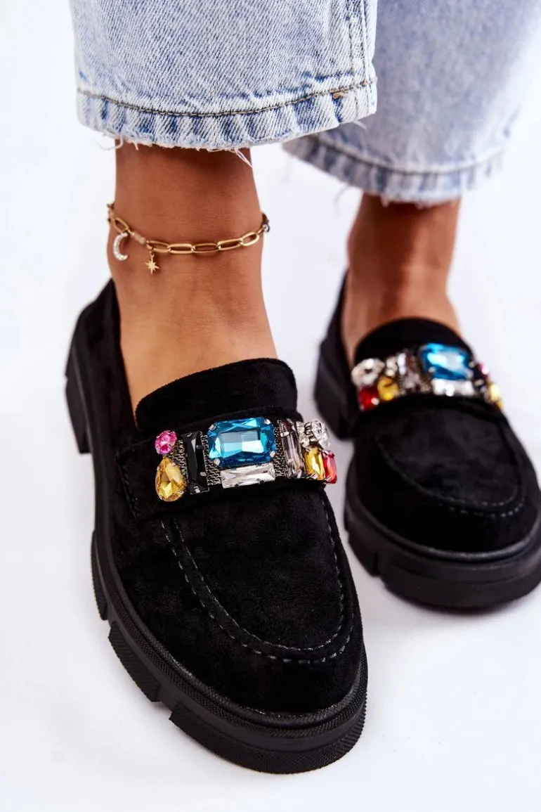 Damskie Zamszowe Półbuty Loafery Z Ozdobą Czarne Karlott