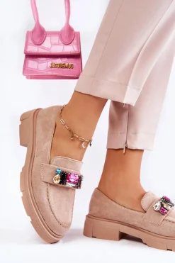 Damskie Zamszowe Półbuty Loafery Z Ozdobą Beżowe Karlott
