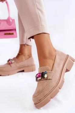 Damskie Zamszowe Półbuty Loafery Z Ozdobą Beżowe Karlott