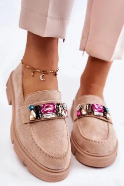 Damskie Zamszowe Półbuty Loafery Z Ozdobą Beżowe Karlott