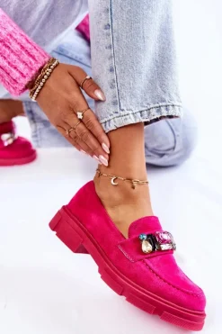 Damskie Zamszowe Półbuty Loafery Z Ozdobą Fuksja Karlott