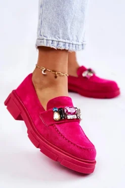 Damskie Zamszowe Półbuty Loafery Z Ozdobą Fuksja Karlott