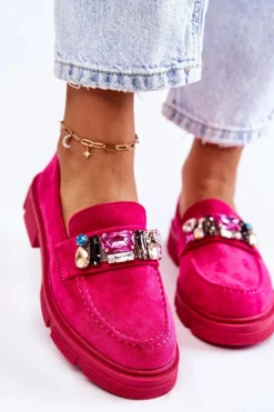 Damskie Zamszowe Półbuty Loafery Z Ozdobą Fuksja Karlott