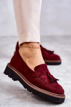 Damskie Zamszowe Półbuty Na Platformie Bordowe Unni