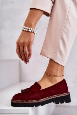 Damskie Zamszowe Półbuty Na Platformie Bordowe Unni