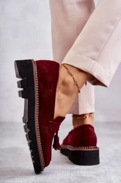 Damskie Zamszowe Półbuty Na Platformie Bordowe Unni