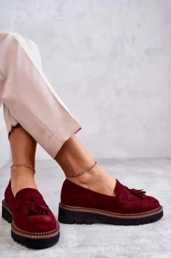 Damskie Zamszowe Półbuty Na Platformie Bordowe Unni