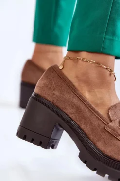 Damskie Zamszowe Półbuty Na Obcasie Ciemnobeżowe Sanya