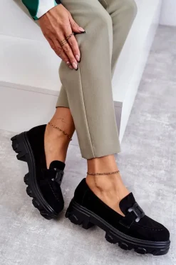 Damskie Zamszowe Półbuty Na Platformie Czarne Janne