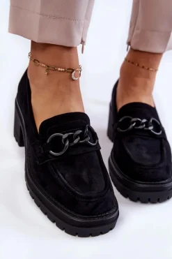 Damskie Zamszowe Półbuty Na Obcasie Czarne Sanya