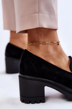 Damskie Zamszowe Półbuty Na Obcasie Czarne Sanya