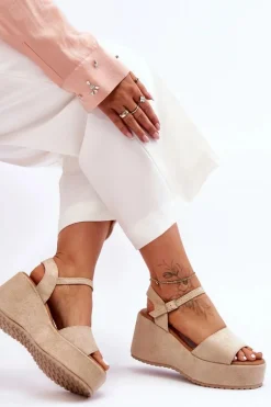 Damskie Zamszowe Sandałki Na Koturnie Beżowe Lydia