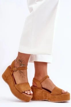 Damskie Zamszowe Sandałki Na Koturnie Camel Lydia