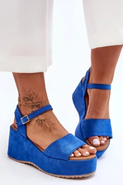 Damskie Zamszowe Sandałki Na Koturnie Niebieskie Lydia