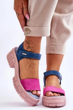 Damskie Zamszowe Sandały Big Star LL276034 Niebiesko-Różowe