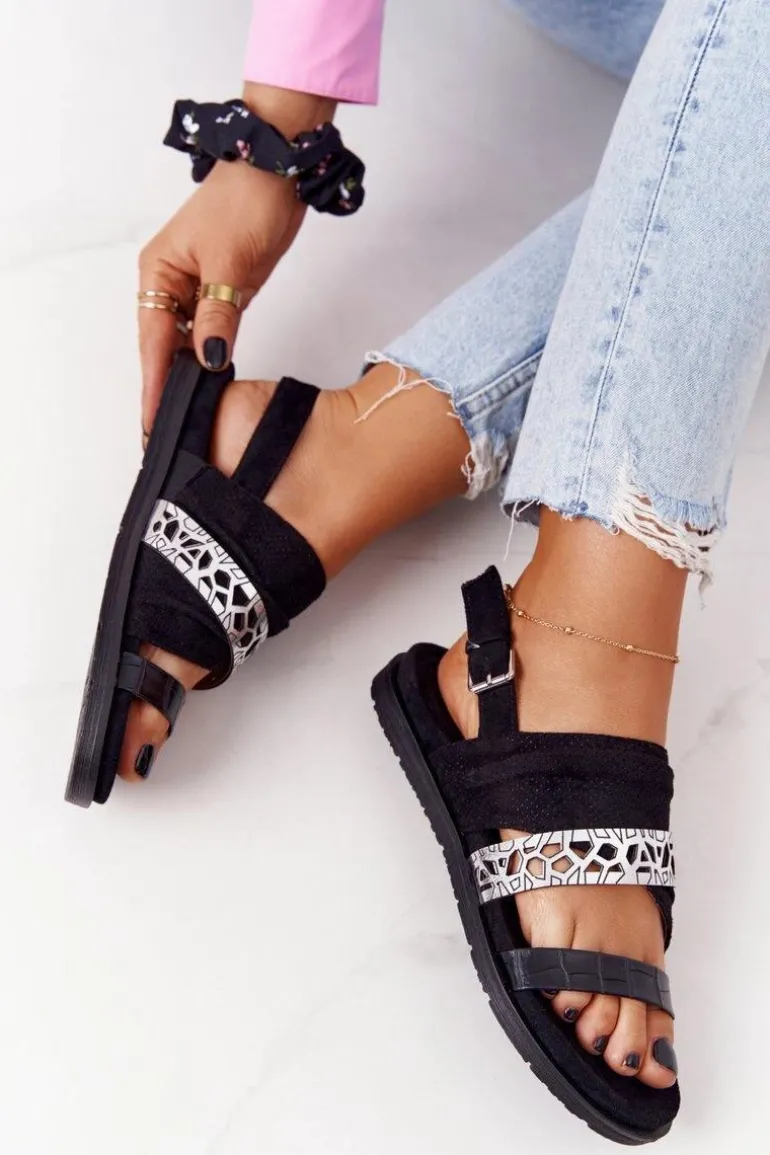 Damskie Zamszowe Sandały Czarno-Srebrne Asturia