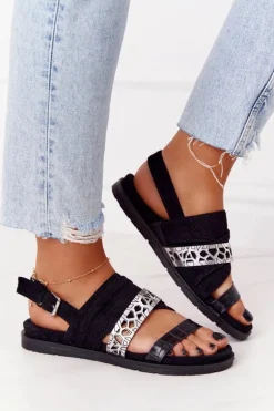 Damskie Zamszowe Sandały Czarno-Srebrne Asturia