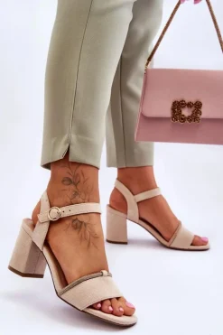 Damskie Zamszowe Sandały Na Niskim Słupku Beżowe Loredo